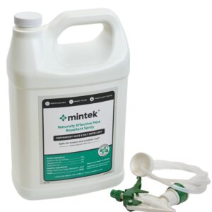 A white 1-gallon container of Mintek Naturally Effective Peppermint Rat & Mouse Repellent Spray, with a green and white label, is shown next to a spray nozzle. It’s peppermint-based and safe for indoor and outdoor use.
