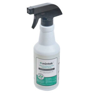 A white spray bottle with a black trigger labeled Mintek Naturally Effective Peppermint & Rosemary Repellent Spray, 16 oz., for indoor and outdoor use.