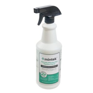 A white spray bottle with a black trigger labeled Mintek Naturally Effective Peppermint Rat & Mouse Repellent Spray - 32 oz. The green and white label notes it is safe for indoor and outdoor use.