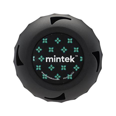 A black, round device with the brand name mintek in white letters at the center, surrounded by a pattern of small teal designs and ventilation-like openings around the edge.