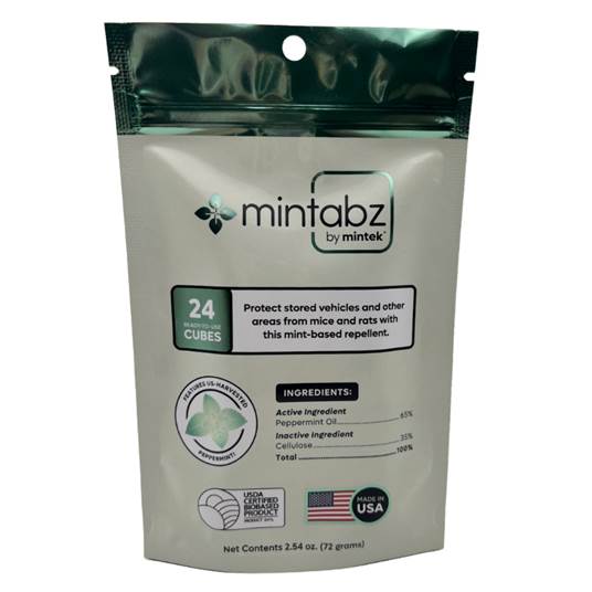 A resealable pouch labeled mintabz by mintek contains 24 cubes of a mint-based rodent repellent. The packaging highlights peppermint oil as the active ingredient and displays USDA and Made in USA logos.