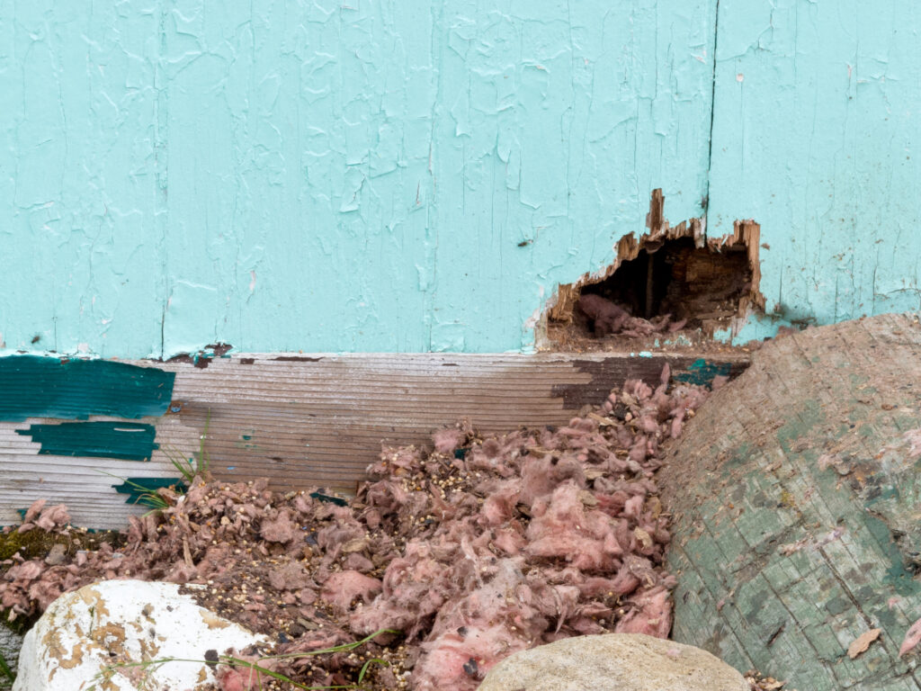 A close-up of a turquoise wall with peeling paint and a hole near the base. Pink insulation and debris are scattered on the ground beside large rocks.